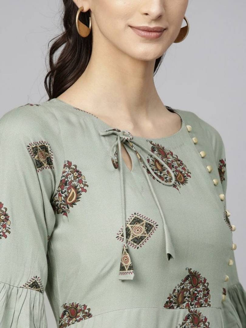 Rayon Mint Green Printed Kurti