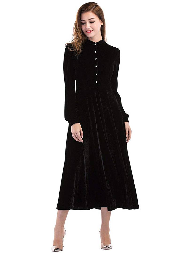 Black Buttoned Velvet Fit and Flare Dress