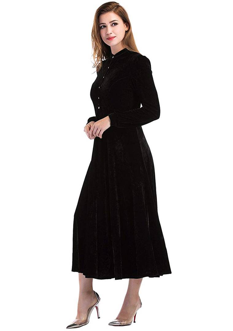 Black Buttoned Velvet Fit and Flare Dress