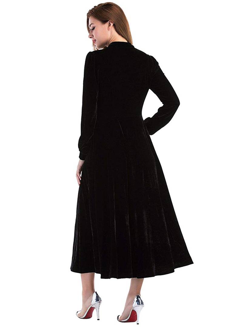 Black Buttoned Velvet Fit and Flare Dress