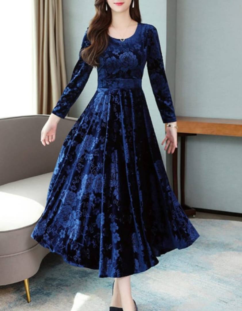 Blue Velvet Dress Dark Blue Dress Long Sleeve Blue Dress Velvet AX