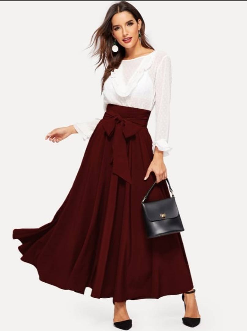 Maroon Solid Pleated Skirt