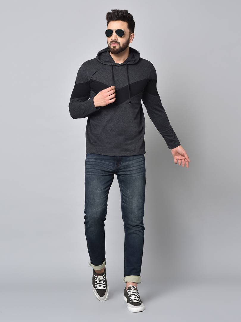 Grey Colourblocked Cotton Hooded Tees