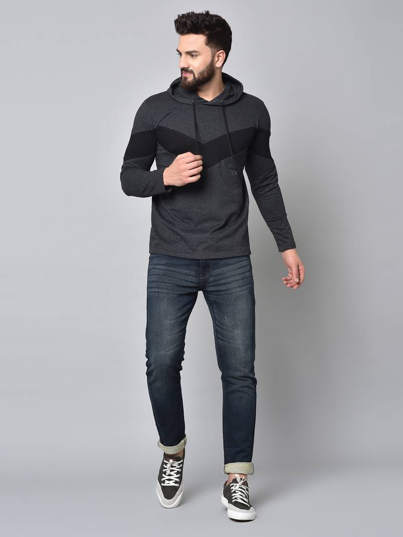 Grey Colourblocked Cotton Hooded Tees