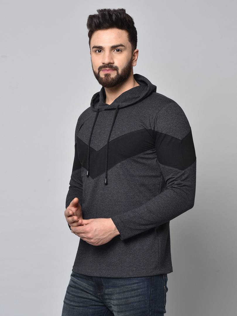 Grey Colourblocked Cotton Hooded Tees