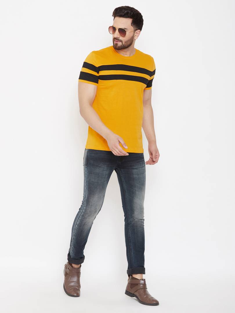 Fashionable Yellow Cotton Striped Round Neck Tees