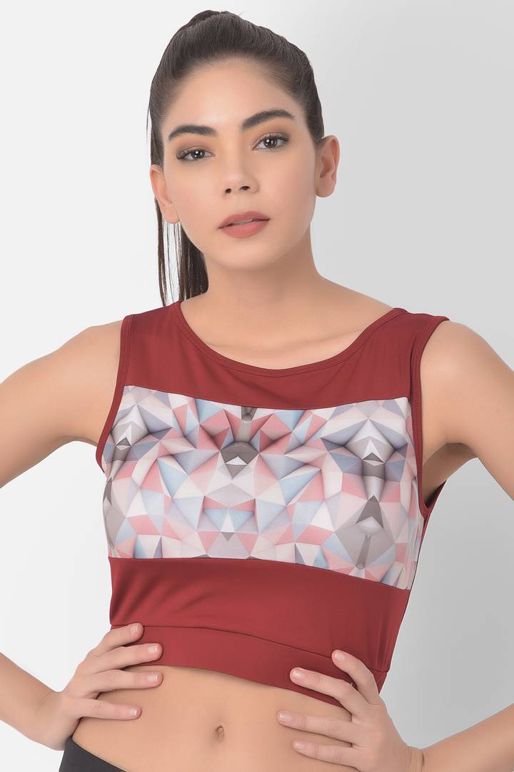 Sleeveless Round Neck Maroon Geometric Print Sports Crop Top