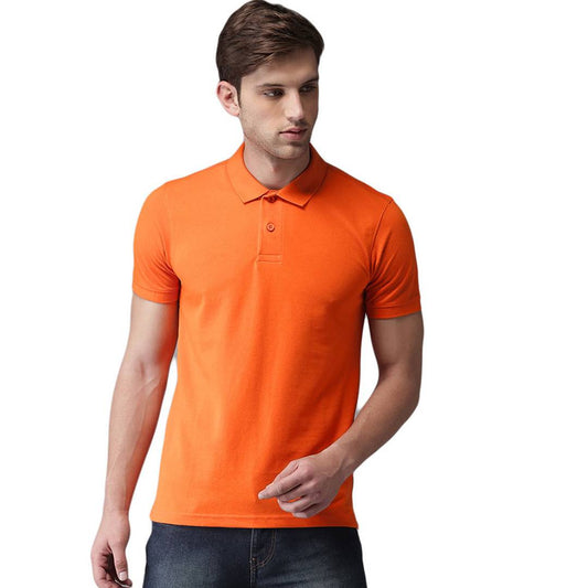 Orange Cotton Blend Solid Polos T-Shirt