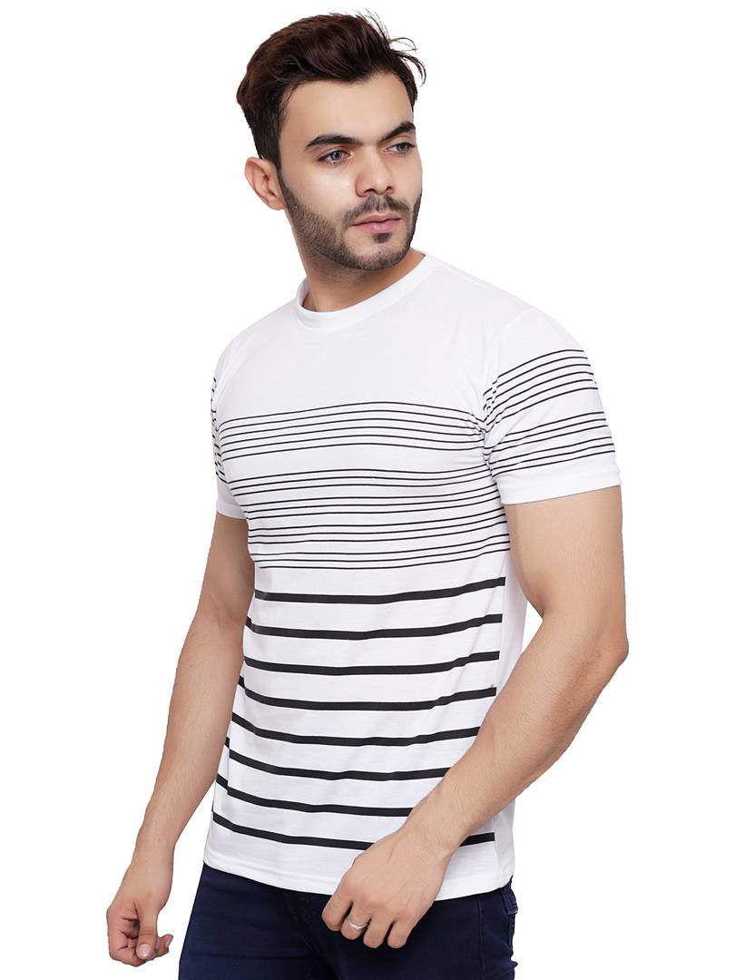 White Cotton Blend Striped Round Neck Tees