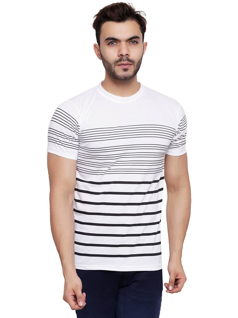 White Cotton Blend Striped Round Neck Tees