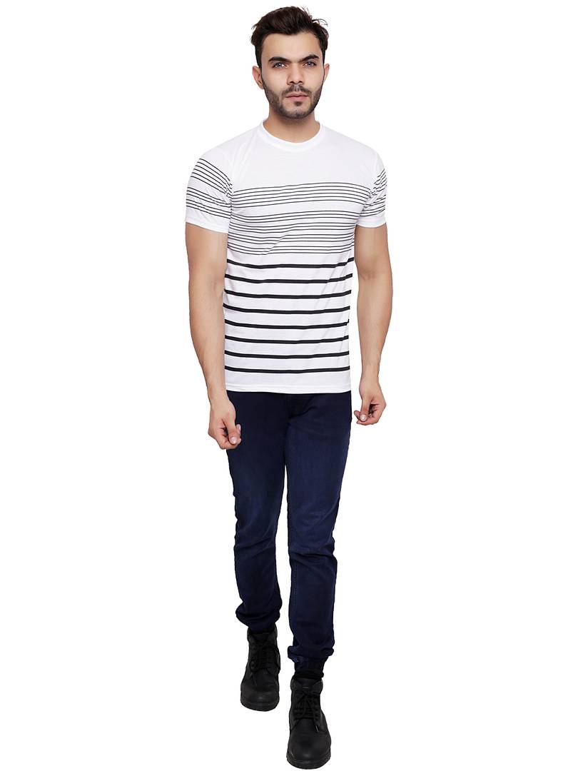 White Cotton Blend Striped Round Neck Tees