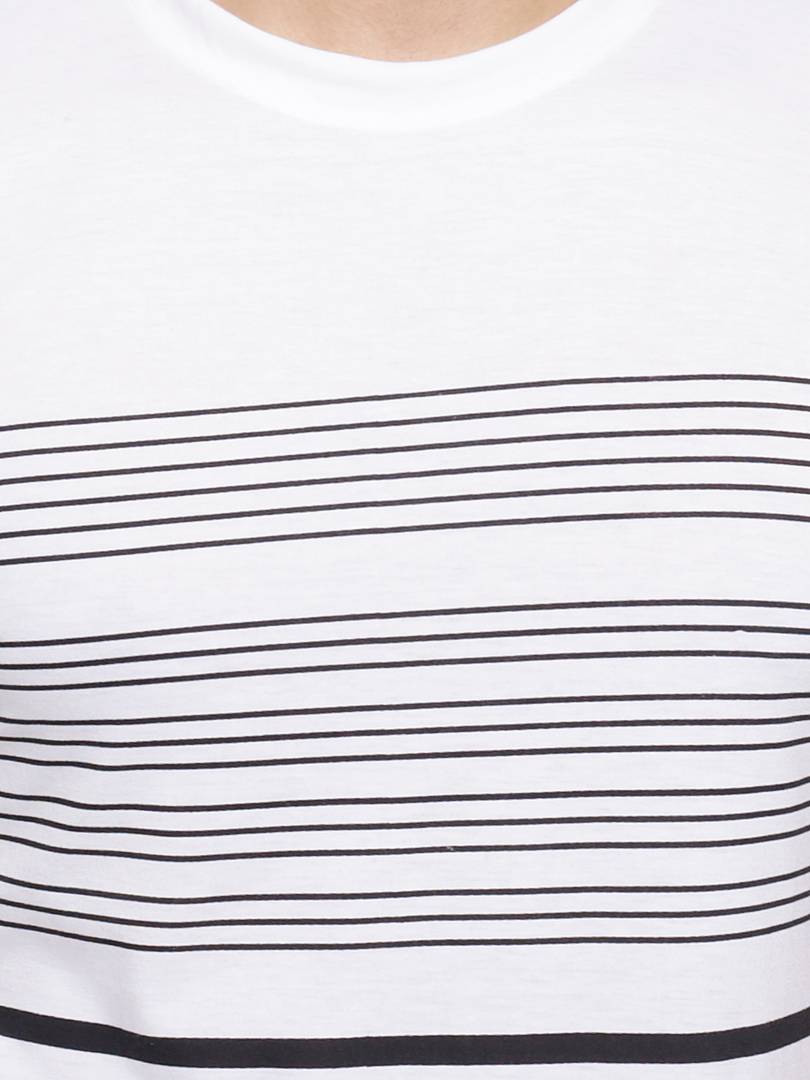 White Cotton Blend Striped Round Neck Tees