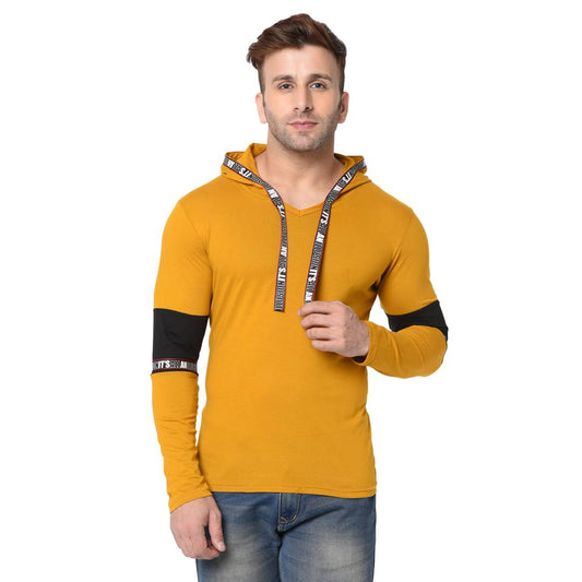 Yellow Typography Cotton Self Pattern Hooded T-Shirt