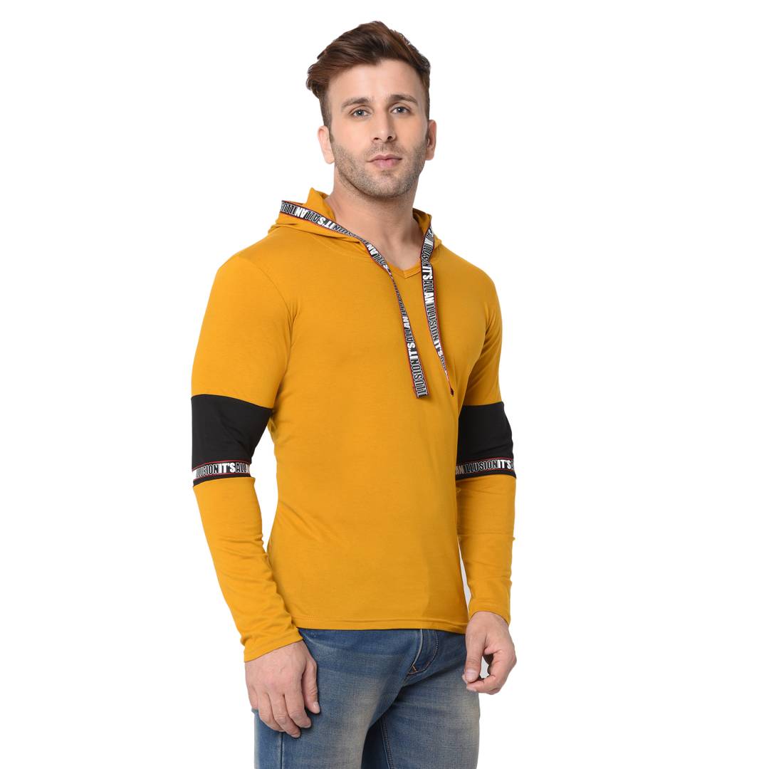 Yellow Typography Cotton Self Pattern Hooded T-Shirt