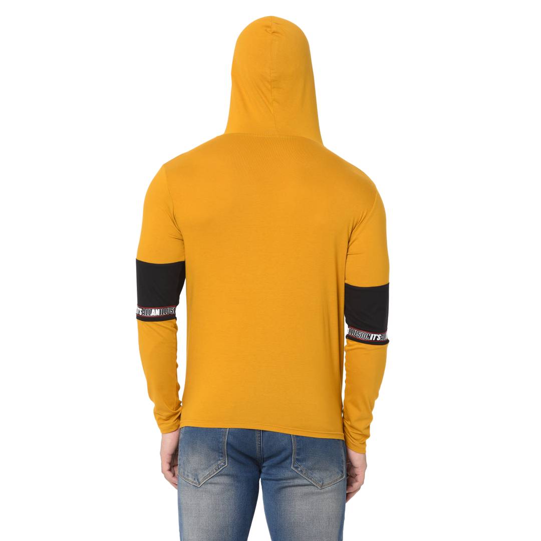 Yellow Typography Cotton Self Pattern Hooded T-Shirt