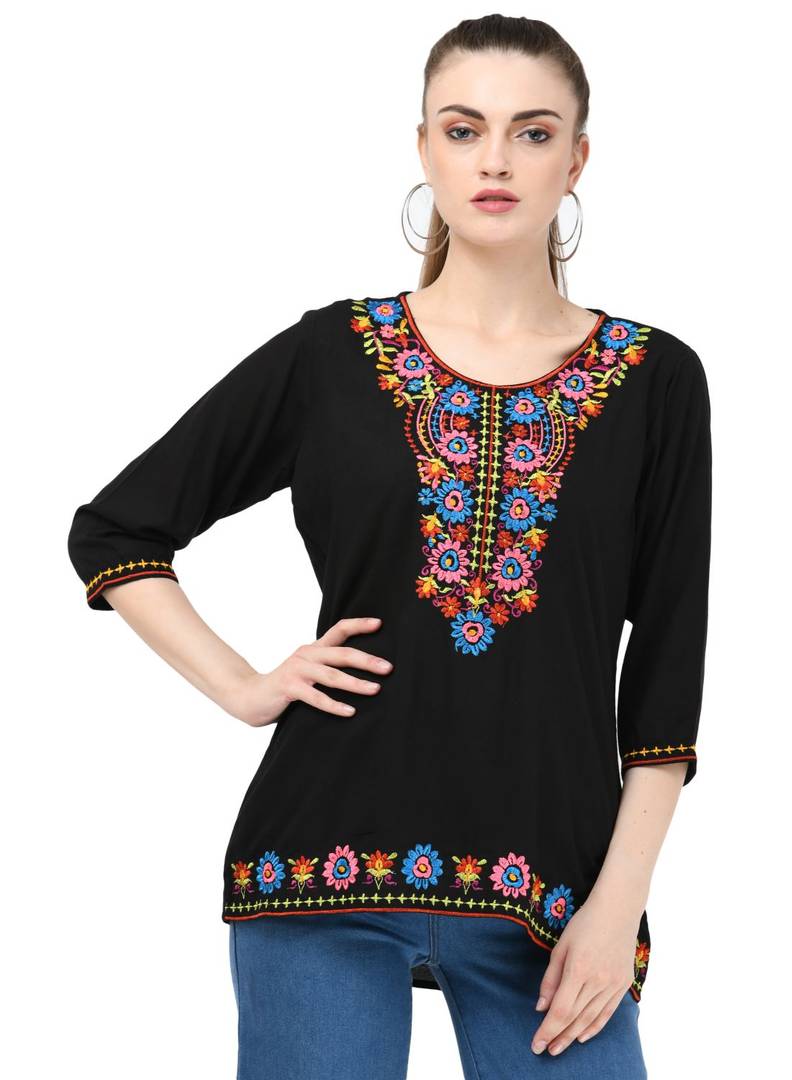 Rayon Black Embroidered Top