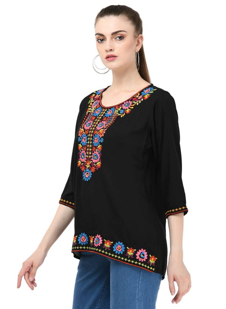 Rayon Black Embroidered Top