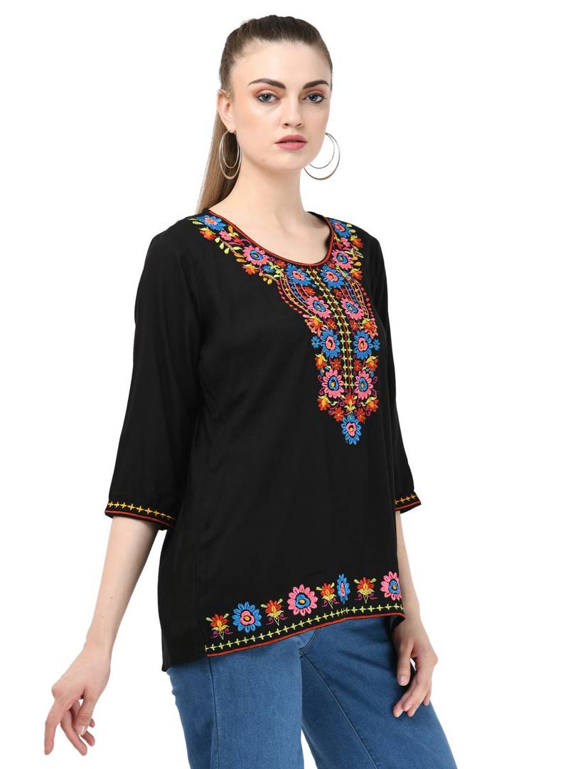 Rayon Black Embroidered Top