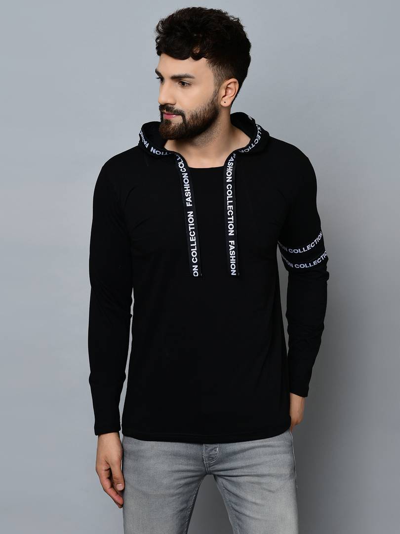 Black Cotton Blend Self Pattern Hooded Tees