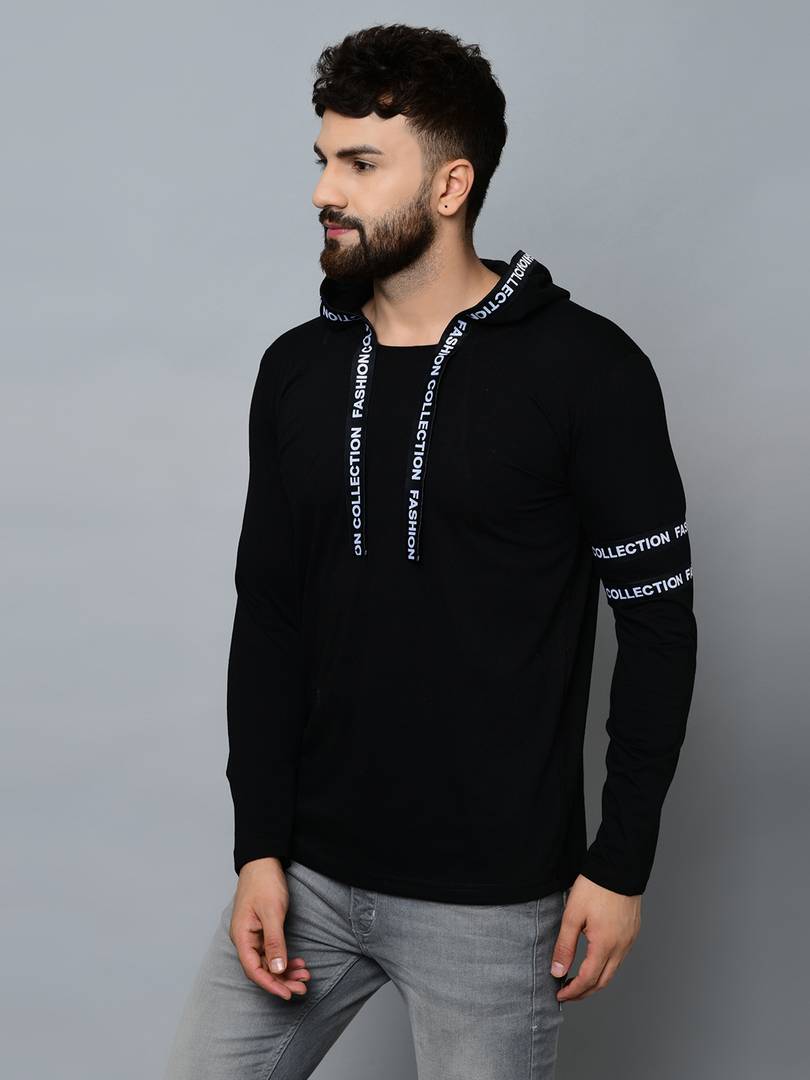 Black Cotton Blend Self Pattern Hooded Tees