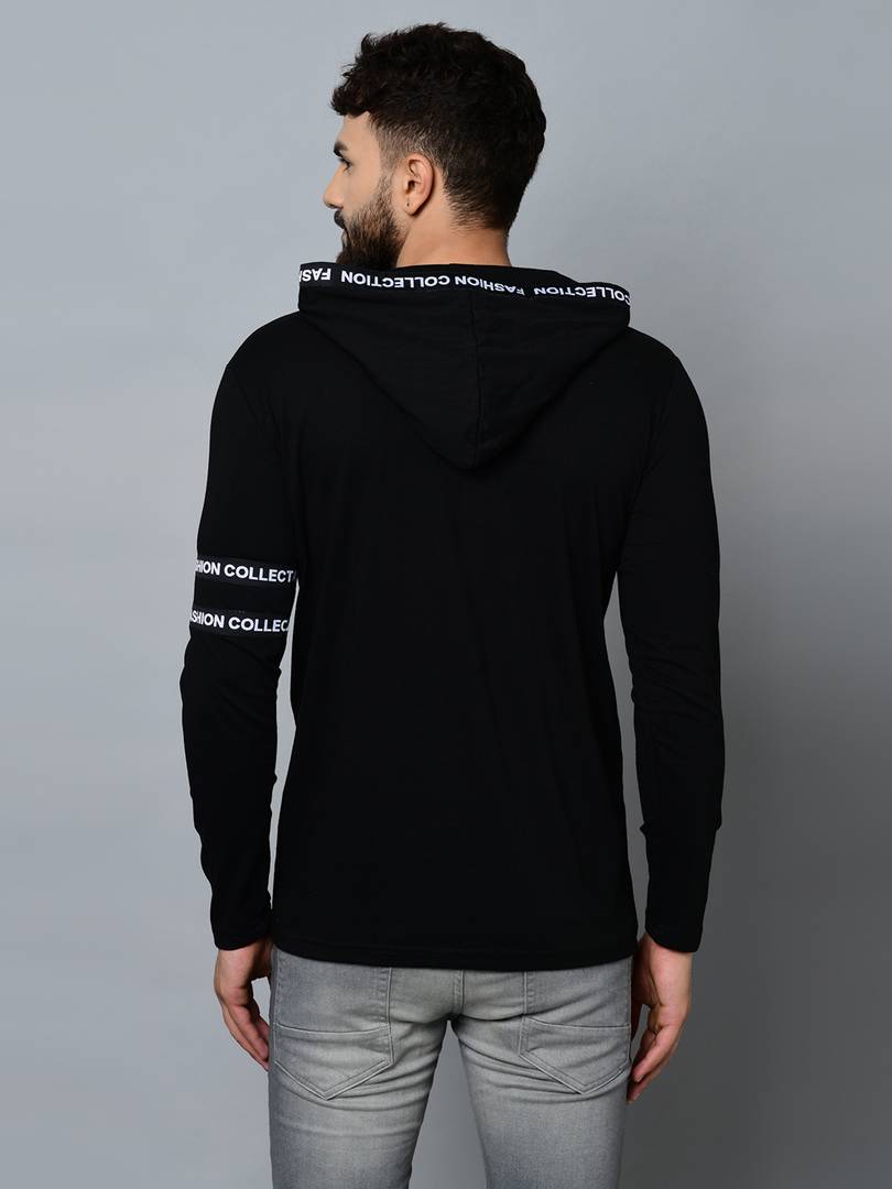 Black Cotton Blend Self Pattern Hooded Tees