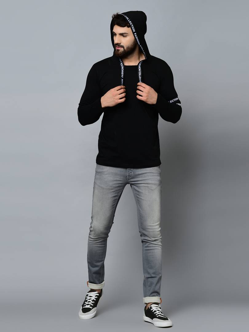 Black Cotton Blend Self Pattern Hooded Tees