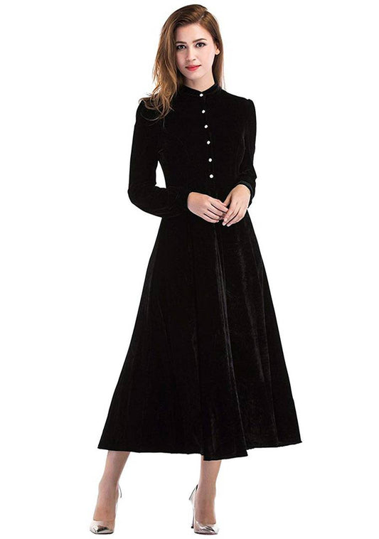 Black Buttoned Velvet Fit and Flare Dress