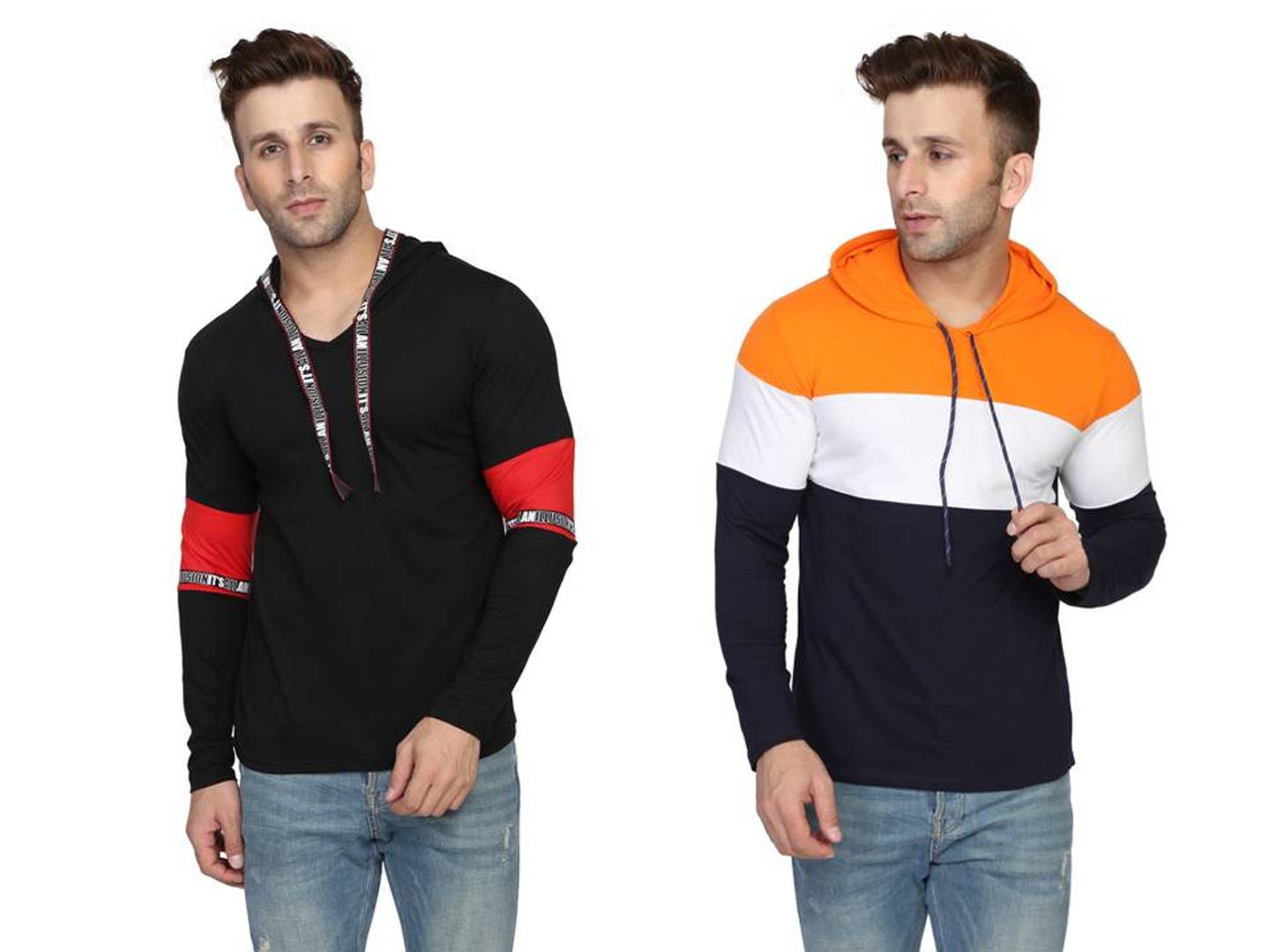 Buy 1 Get 1 Free Multicoloured Cotton Self Pattern Hooded Tees