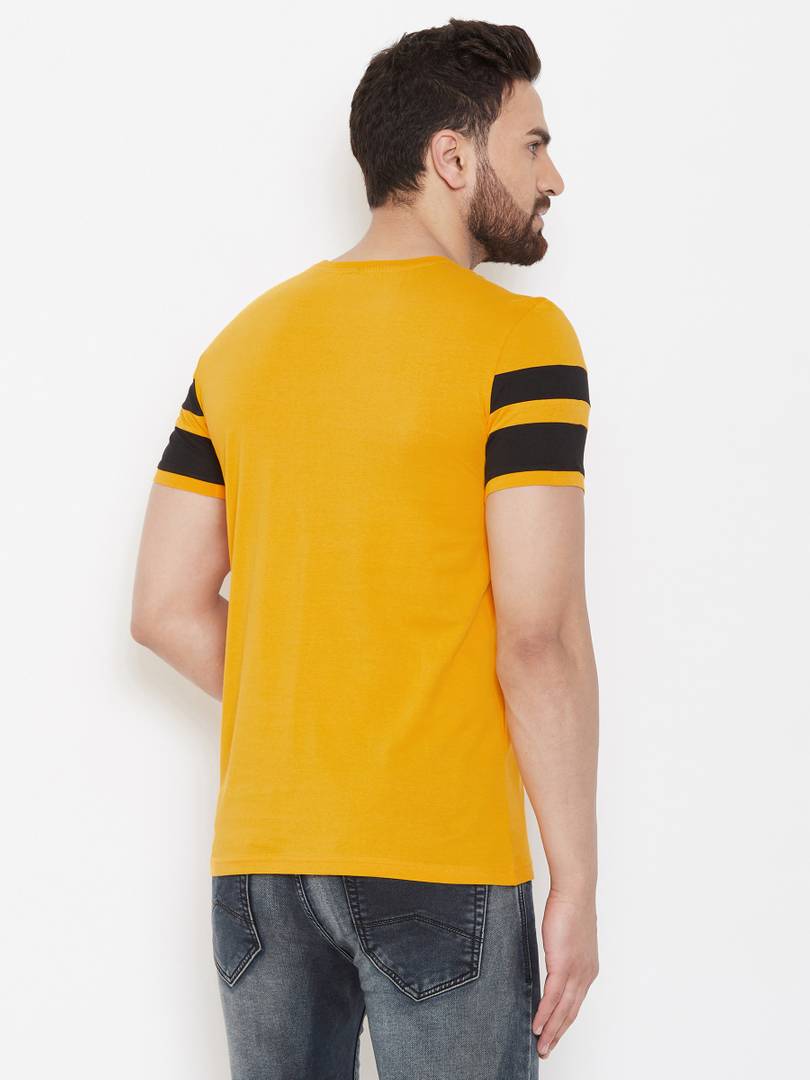 Fashionable Yellow Cotton Striped Round Neck Tees