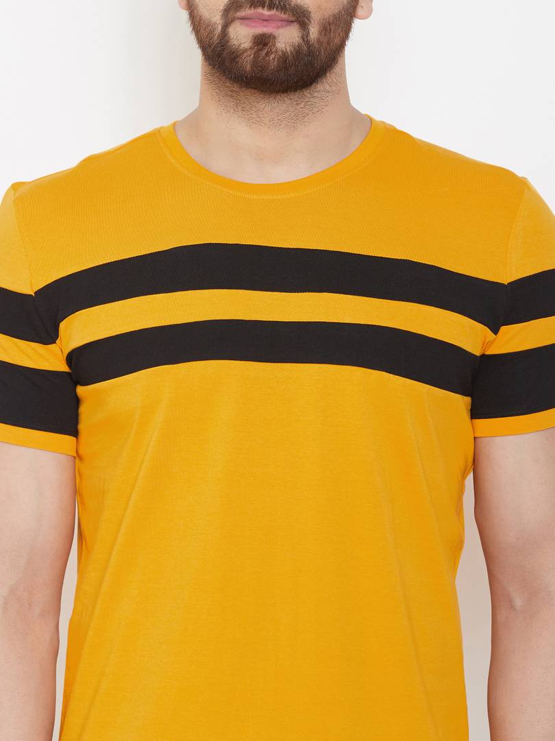 Fashionable Yellow Cotton Striped Round Neck Tees