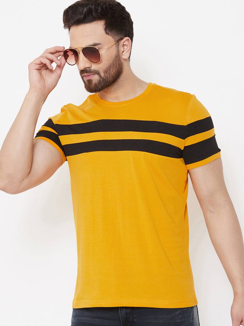 Fashionable Yellow Cotton Striped Round Neck Tees