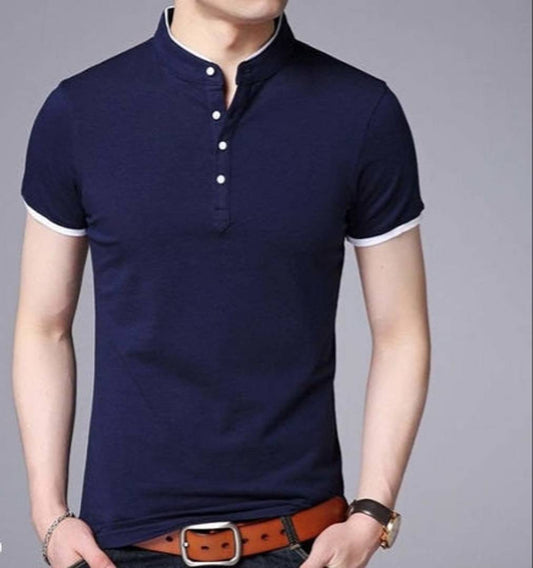 Trendy Solid Cotton Mandarin T Shirt