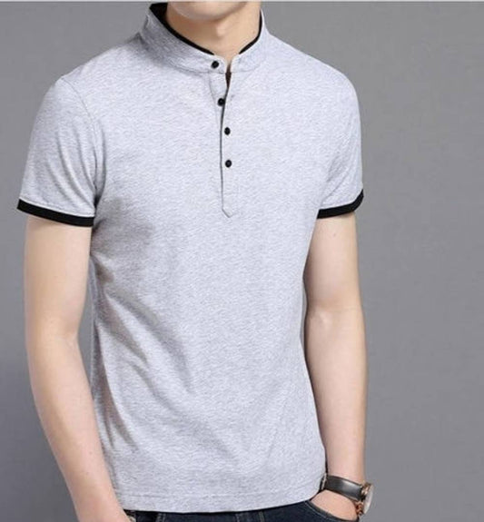 Trendy Solid Cotton Mandarin T Shirt