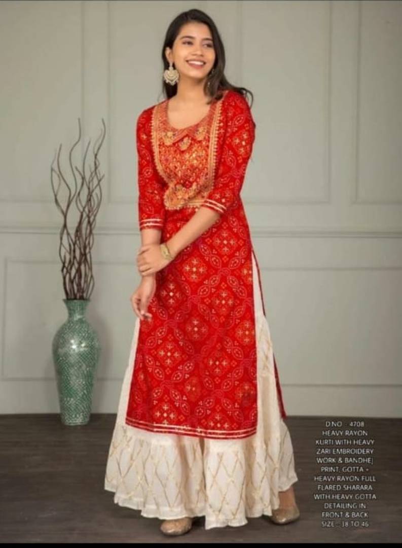 Rayon Bandhej Printed Kurti with Gotta work Sarara