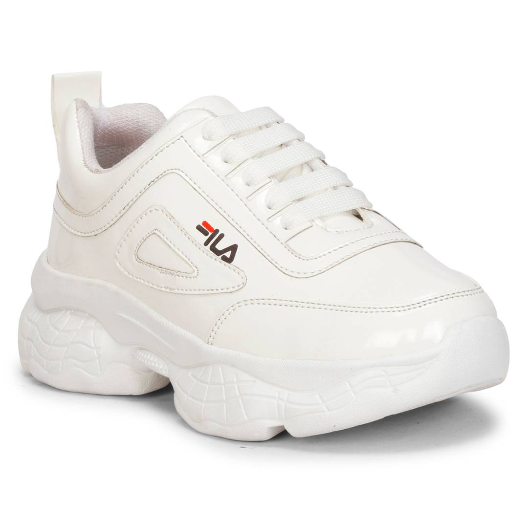 Stylish PU White Solid Sports Shoes For Women