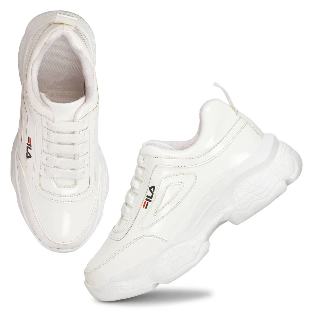 Stylish PU White Solid Sports Shoes For Women