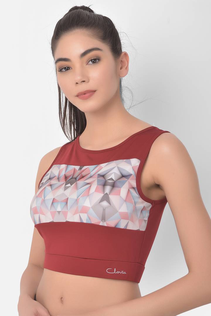 Sleeveless Round Neck Maroon Geometric Print Sports Crop Top