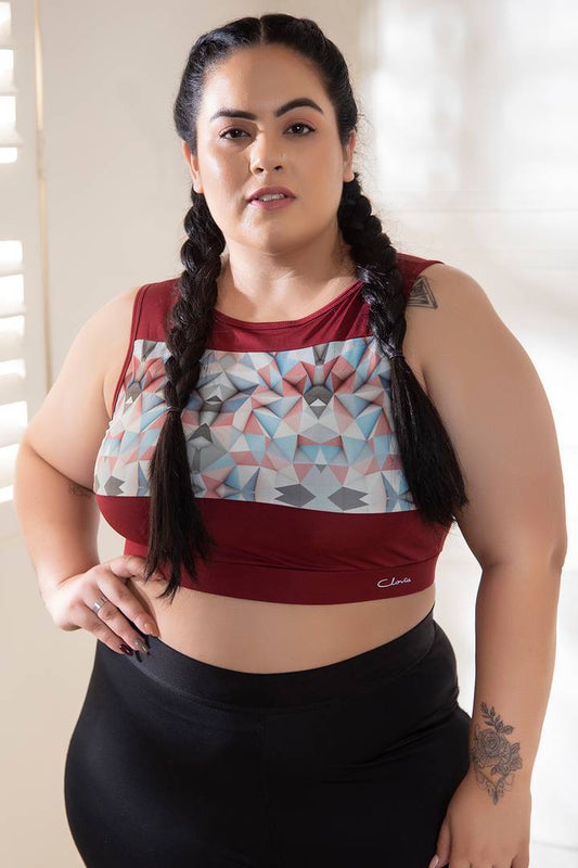 Sleeveless Round Neck Maroon Geometric Print Sports Crop Top