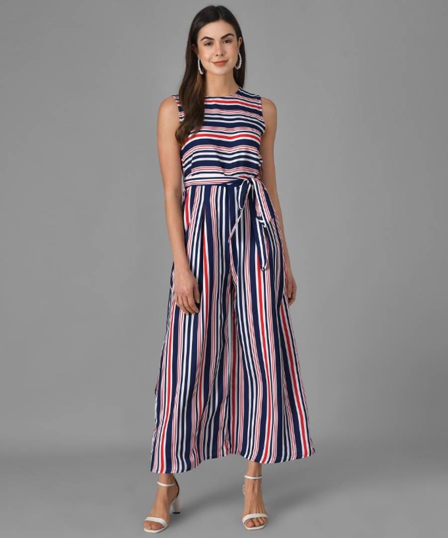 Blue Striped Fit Flare Jumpsuit