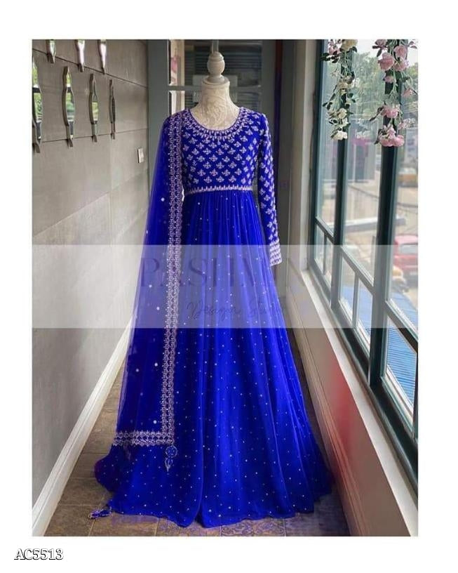 Buy Attractive Blue Pearl And Mirror Work Georgette Festive Wear Gown From  Zeel Clothing.