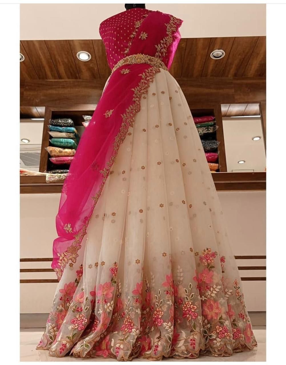 Indian Kanjiveram Half Saree With Organza Floral Dupatta Embroidery Blouse  Parrot,peach Colour Lehenga Choli Designer Bridal Lehenga - Etsy