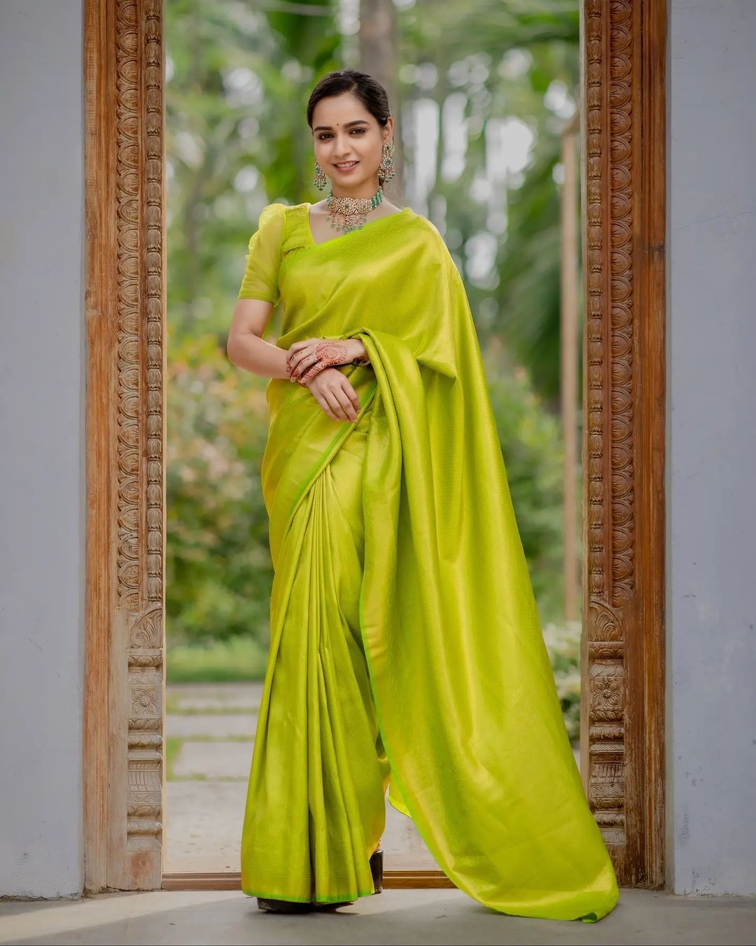 Designer Parrot Green Color Silk Saree,