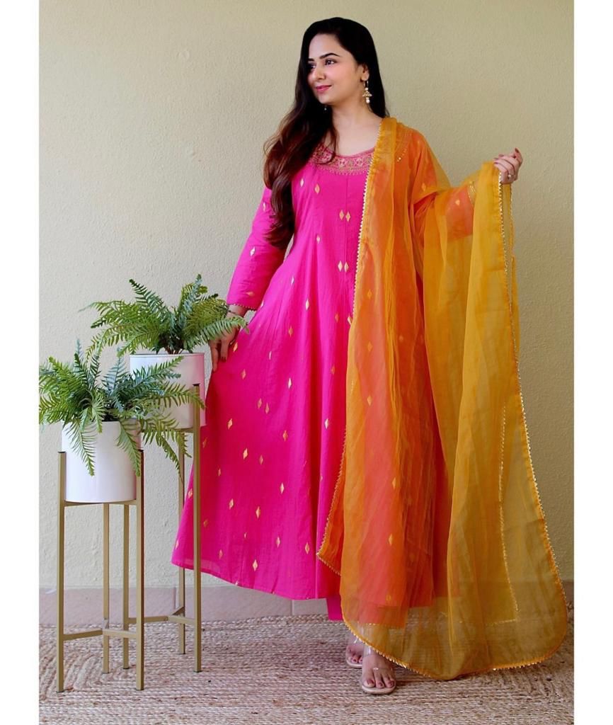 Cotton Anarkali with embroidered neckline