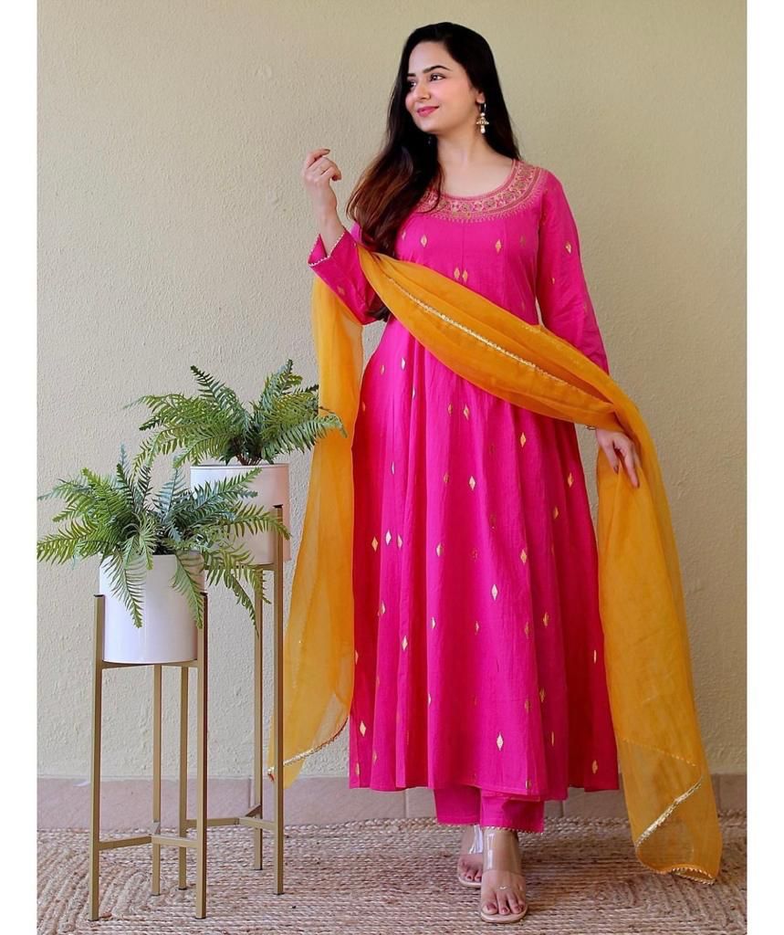 Cotton Anarkali with embroidered neckline