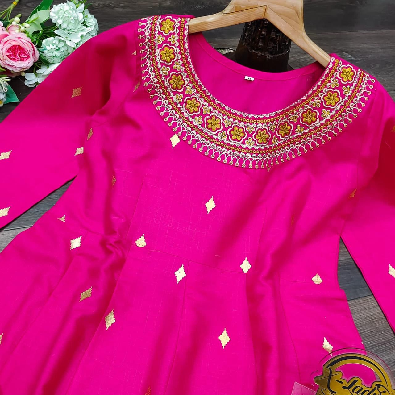 Cotton Anarkali with embroidered neckline